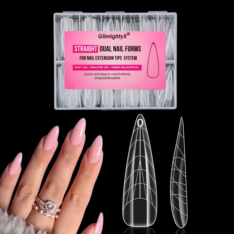 GlimightyX Flat Polygel Nail Forms Almond Shape, Straight Built-in Apex Dual Forms Molds Reusable,Pre-designed French Guildelines Polygel Tips for Nail Extension Salon Home DIY - Image 1